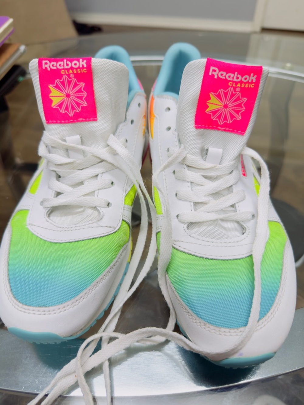 Reebok White Sneakers with Neon Green-Blue Gradient and Hot Pink Accents